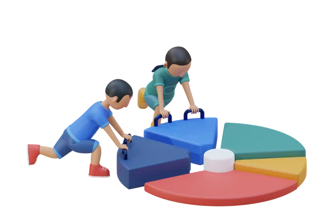 Niños pequeños jugando con juguetes de gráfico circular  3D Illustration