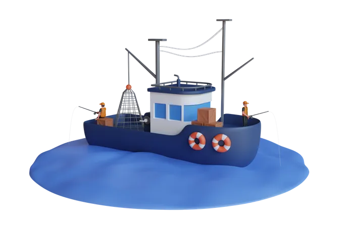 Niños pescando en el barco.  3D Illustration