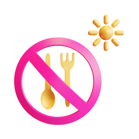 Ramadan Fasting 3 D Render Element Showing Spoon And Fork Covered With A Forbidden Sign With A Sun On Corner 3D Icon