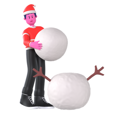 Un garçon de Noël construit un bonhomme de neige  3D Illustration