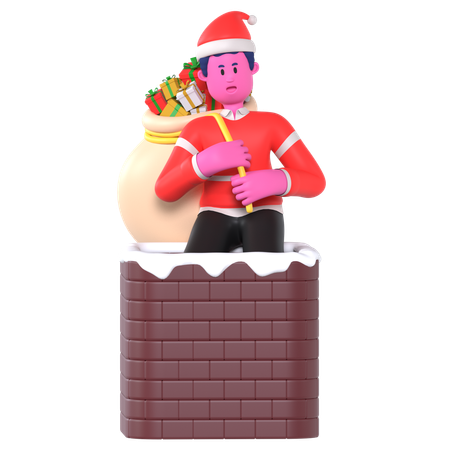 Un garçon de Noël entre dans la cheminée et transporte des cadeaux  3D Illustration