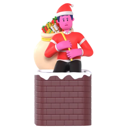 Un garçon de Noël entre dans la cheminée et transporte des cadeaux  3D Illustration