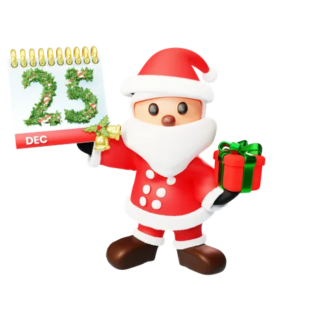 Père Noël avec calendrier et cadeau  3D Illustration