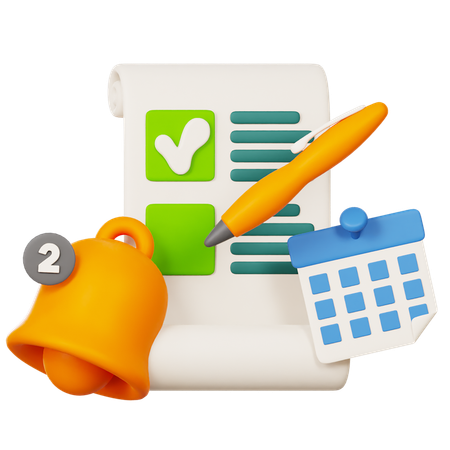 Notification de rappel avec planificateur d'événements de calendrier Bell et crayon  3D Icon