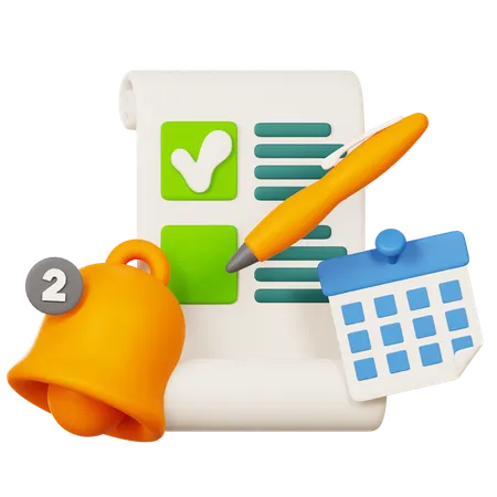 Notification de rappel avec planificateur d'événements de calendrier Bell et crayon  3D Icon