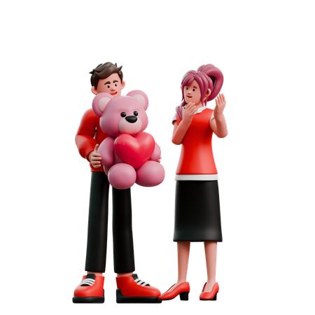 Novio le da un osito de peluche a su novia  3D Illustration