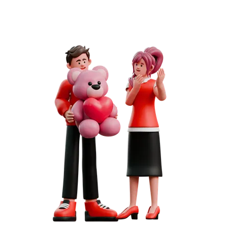 Novio le da un osito de peluche a su novia  3D Illustration