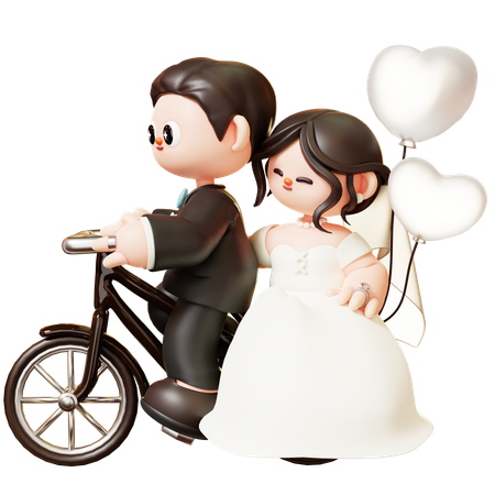 Novios andar en bicicleta con globo de corazón  3D Illustration