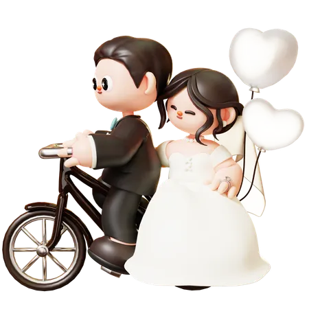 Novios andar en bicicleta con globo de corazón  3D Illustration