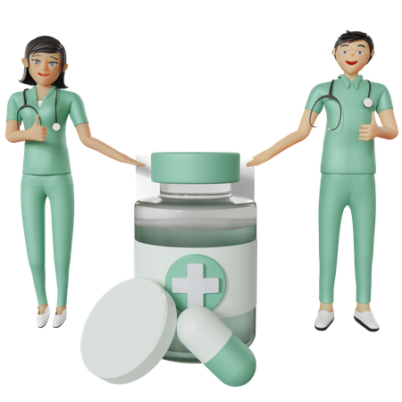 Nurse pointing medicine jar 3D Illustration