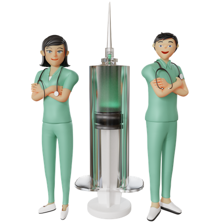 Nurse standing behind injection 3D Illustration