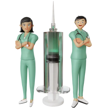 Nurse standing behind injection  3D Illustration