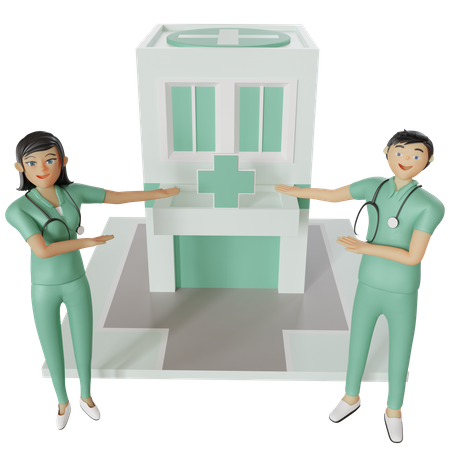 Nurses pointing hospital building 3D Illustration
