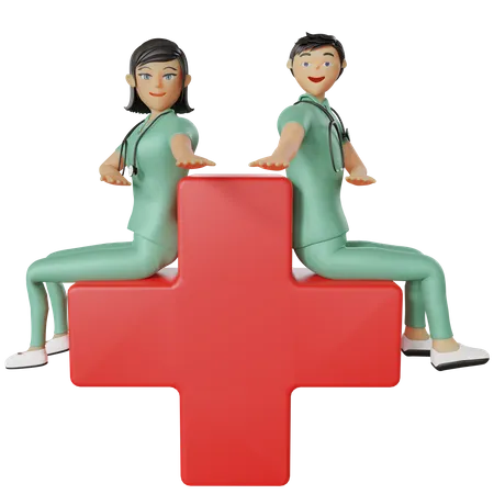 Nurses sitting on red cross  3D Illustration