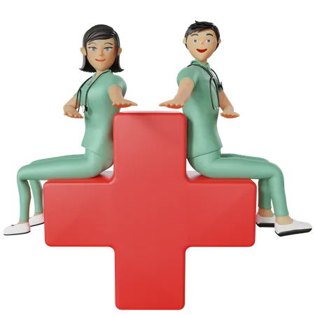 Nurses sitting on red cross 3D Illustration