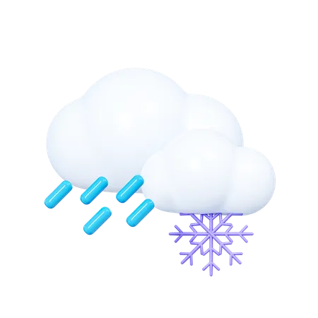 Nuvem com gotas de chuva e floco de neve  3D Icon