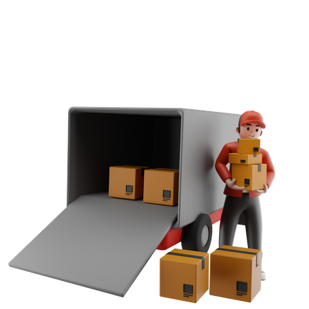 O mensageiro está carregando pacotes no caminhão  3D Icon
