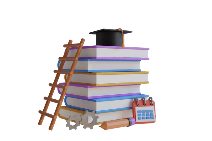 Ilustracion 3 D De Un Monton De Libros Para Estudiar Y Una Escalera Que Conduce Al Birrete De Graduacion Una Pila Alta De Libros Y Una Escalera Que Conducia A Ellos Ilustracion 3 D 3D Illustration