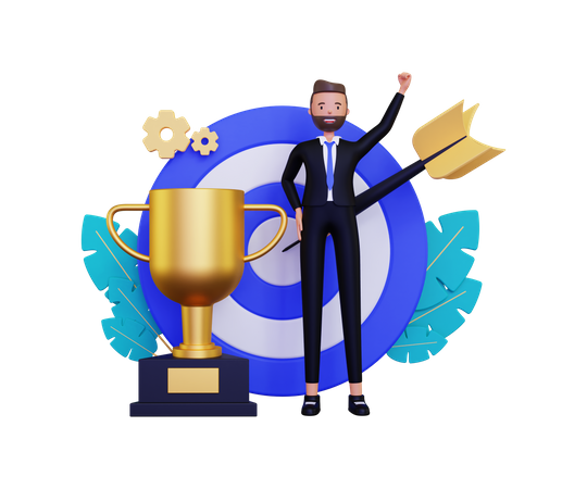 Objetivo personal del empresario con trofeo de oro y diana  3D Icon