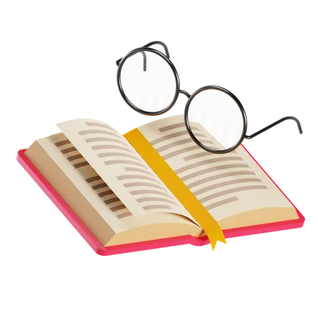 Óculos nerd e um livro da biblioteca para leitura  3D Illustration