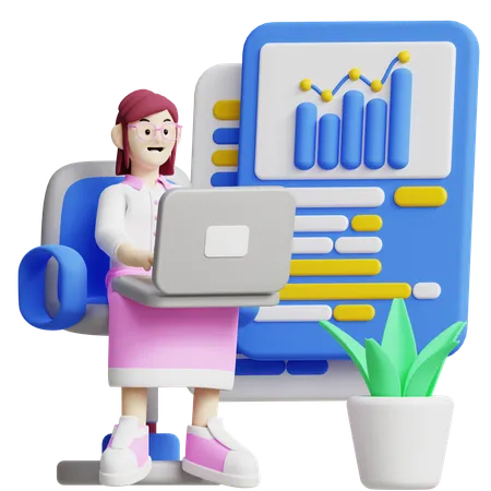 This 3 D Icon Shows A Person Working On A Laptop With Business Charts In The Background Perfect For Illustrating Office Productivity Data Analysis And Business Tasks 3D Illustration