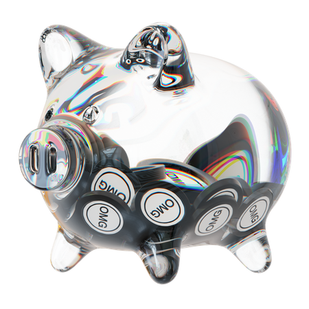 Omg – Sparschwein aus klarem Glas mit abnehmendem Stapel an Kryptomünzen  3D Icon