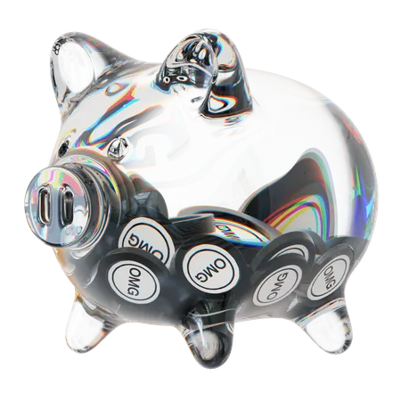 Omg – Sparschwein aus klarem Glas mit abnehmendem Stapel an Kryptomünzen  3D Icon