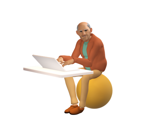 Old businessman working on laptop 3D Illustration
