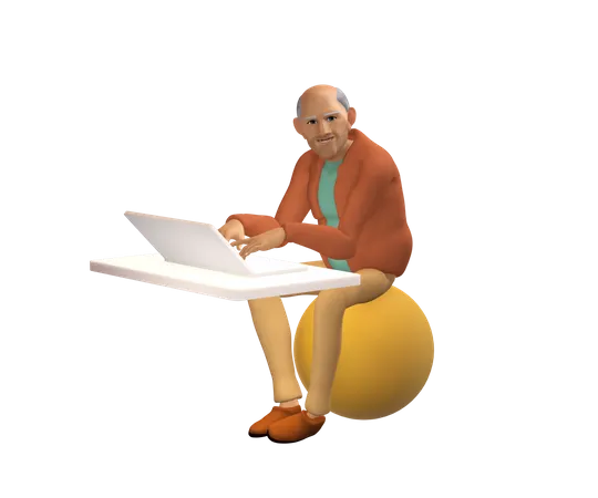 Old businessman working on laptop 3D Illustration