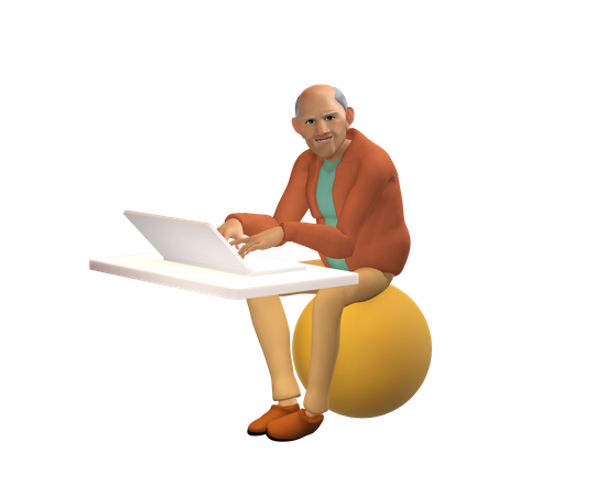 Old businessman working on laptop  3D Icon