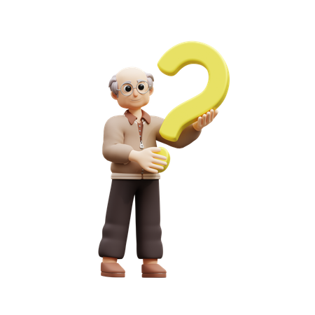 Old Man Holding Question Mark  3D Illustration
