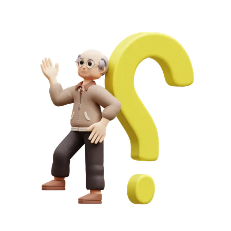 Old Man Standing With Question Mark  3D Illustration