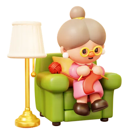 Cute Cartoon 3 D Old Woman Grandmother Character Sitting On Green Armchair And Knitting A Red Scarf With Lamp Happy New Year Decoration Merry Christmas Holiday New Year And Xmas Celebration 3D Icon