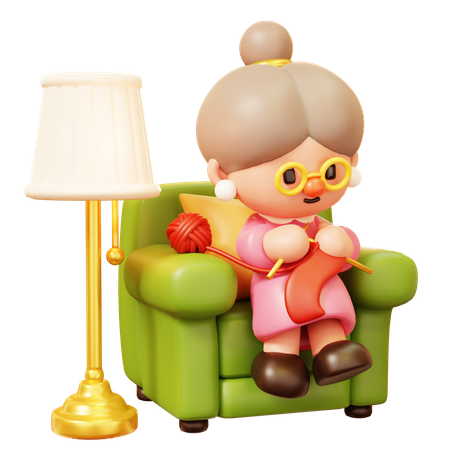 Old Woman Sitting on Armchair and Knitting a Scarf  3D Icon