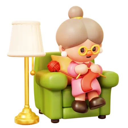 Old Woman Sitting on Armchair and Knitting a Scarf  3D Icon