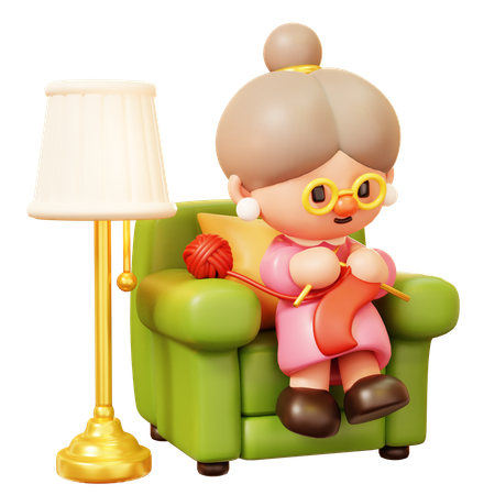 Old Woman Sitting on Armchair and Knitting a Scarf  3D Icon