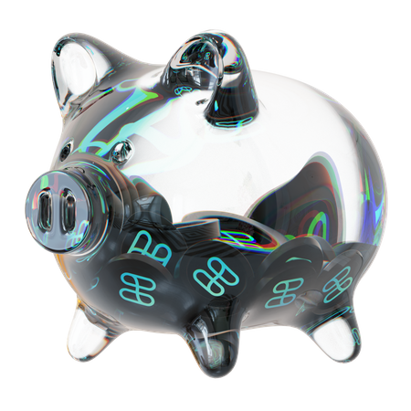 One Clear Glass Piggy Bank With Decreasing Piles Of Crypto Coins 3D Icon