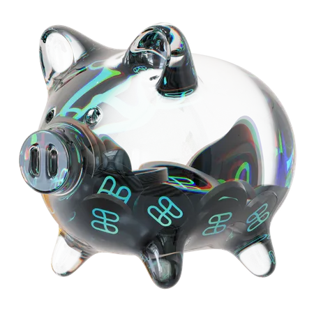 One Clear Glass Piggy Bank With Decreasing Piles Of Crypto Coins 3D Icon