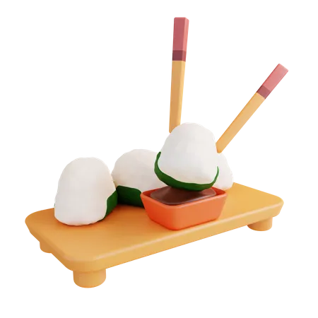 3 D Illustration Onigiri Chopsticks Soy Sauce Traditional Japanese Dish 3D Icon