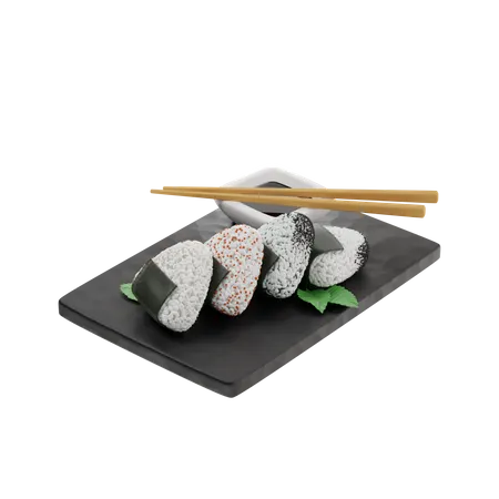 3 D Onigiri Em Uma Placa De Ardosia Preta Ao Lado De Pauzinhos Molho De Soja Prato Tradicional Japones 3D Illustration