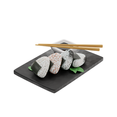 Onigiri on a black slate board  3D Illustration