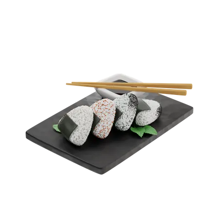 Onigiri on a black slate board  3D Illustration