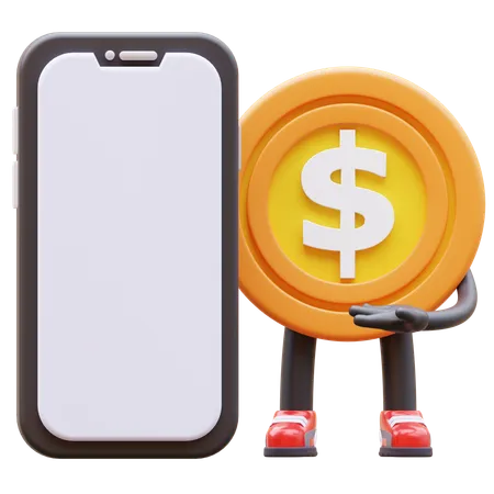 3 D Money Coin Character Presenting Blank Smartphone Screen 3D Illustration