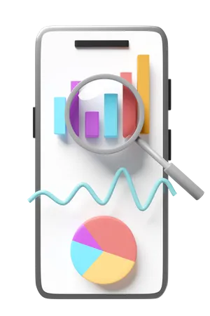Bar Graph Pie Chart Board With Mobile Phone Smartphone Magnifying Glass Analysis Business Financial Data 3D Icon