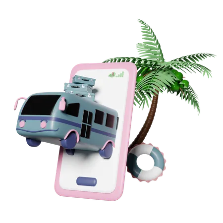 3 D Tourist Bus With Mobile Phone Smartphone Luggage Palms Tree Lifebuoy Isolated Summer Travel Concept 3 D Render Illustration 3D Icon