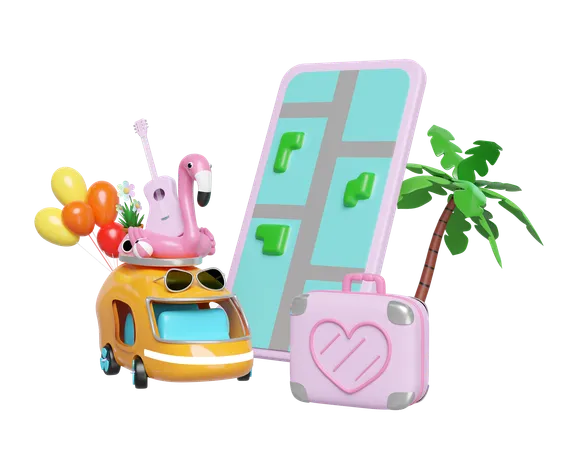 3 D Mobile Phone Or Smartphone With Bus Map Guitar Luggage Balloons Camera Sunglasses Flower Flamingo Tree Isolated Map Earth Travel Concept 3 D Render Illustration 3D Illustration