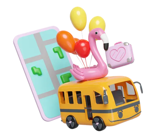 3 D Mobile Phone Or Smartphone With Bus Map Luggage Balloons Flamingo Tree Isolated Map Earth Travel Concept 3 D Render Illustration 3D Illustration