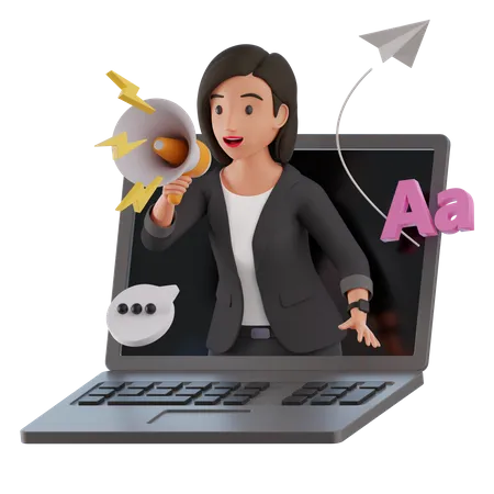 3 D Businesswoman In A Costume Character Peeks Out Of His Laptop And Performs Online Business Marketing 3D Illustration