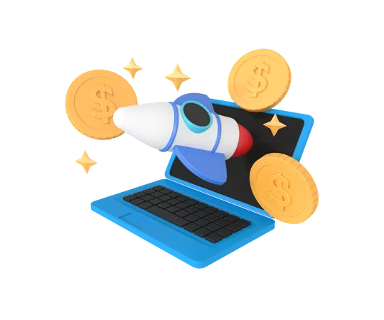 3 D Illustration Of Business With Laptop And Rocket 3D Illustration
