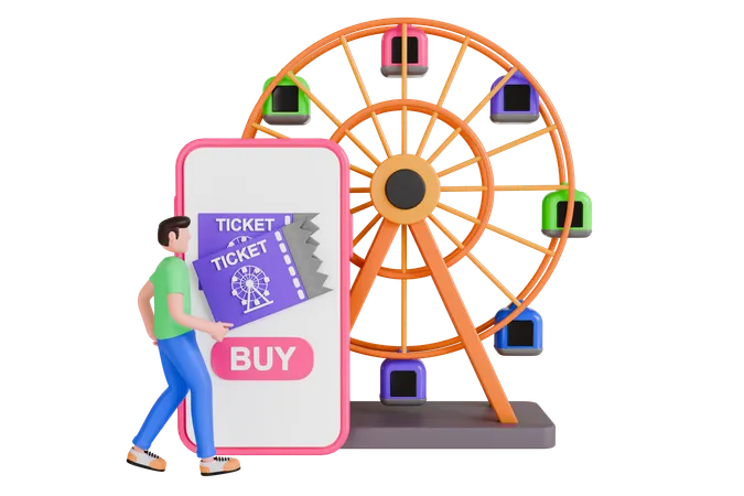 3 D Illustration Of Buy Ferris Wheel Ticket Online Buying Ticket At Fun Fair 3 D Illustration 3D Illustration